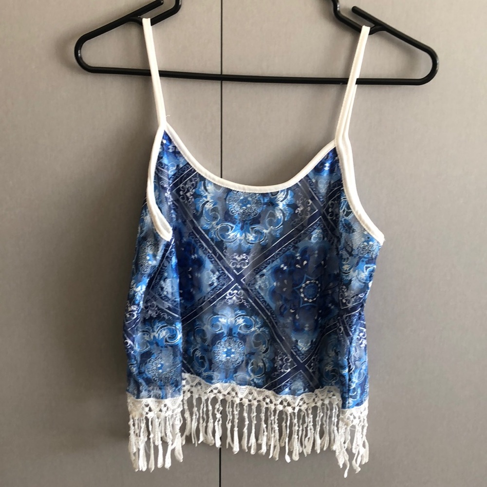 Super cute blue spaghetti strap fringe